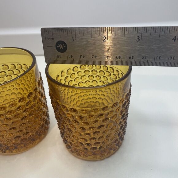 A Pair Hobbs Brockunier? Dew Drop Tumblers France Glass Hobnail 3.25”H Amber - Picture 11 of 12